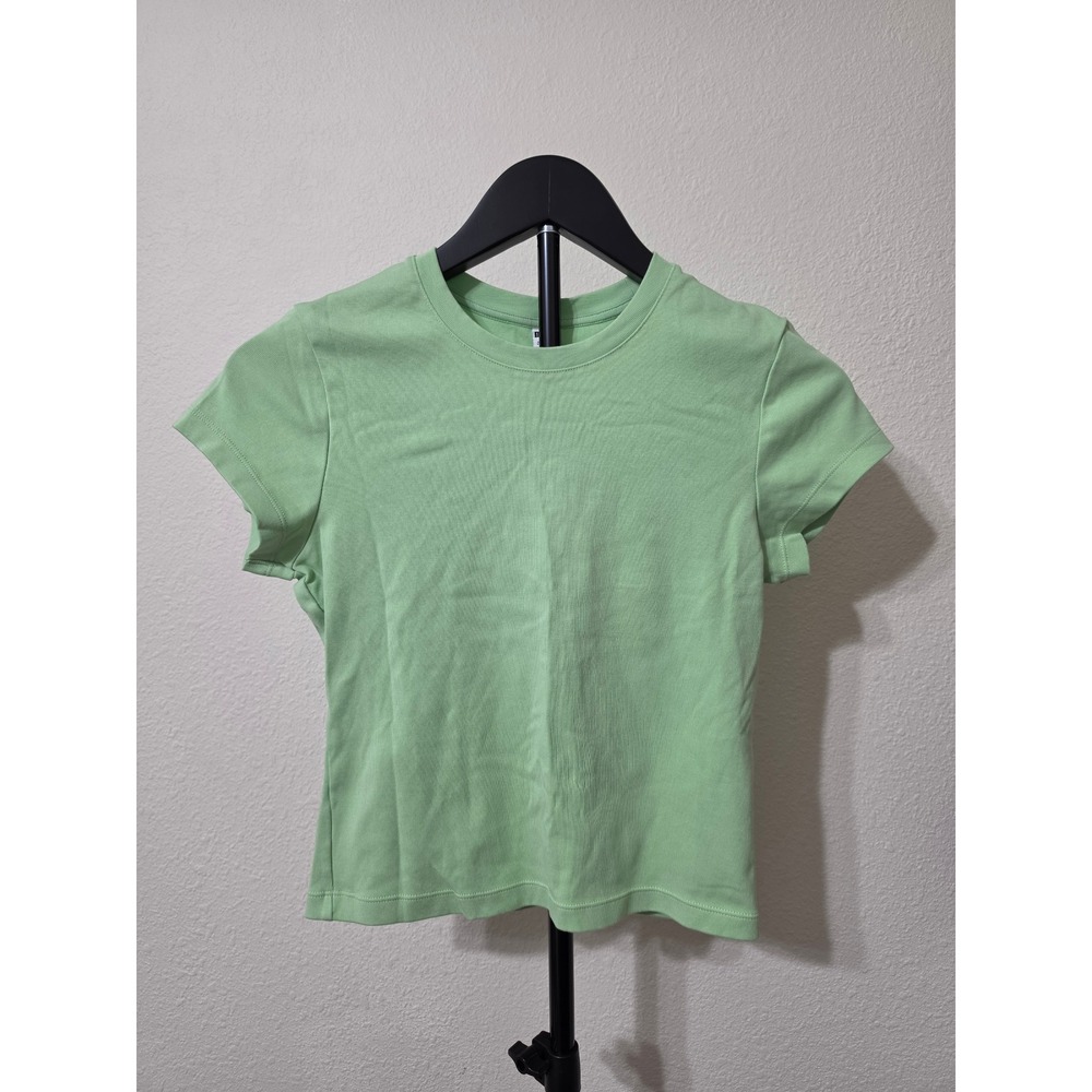 Uniqlo Womens Light Green Ribbed Short Sleeve Crew Neck T-Shirt 465760 Size S